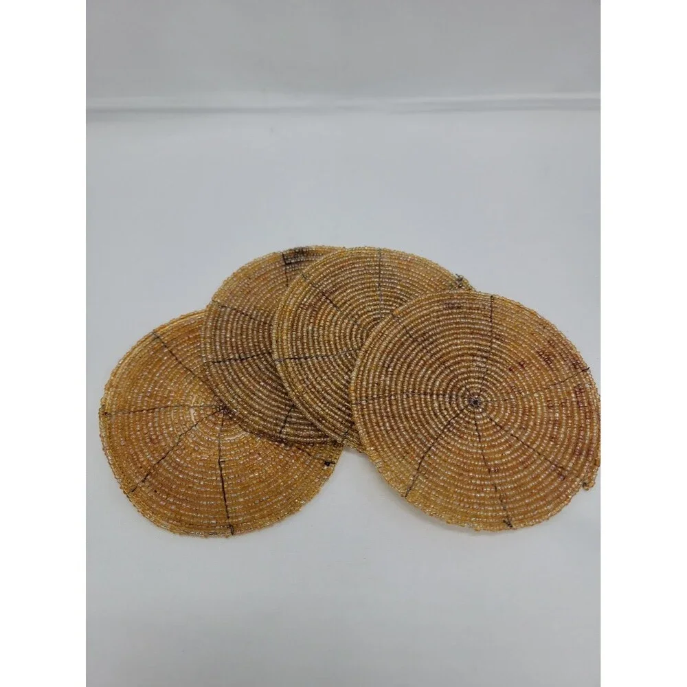 4 Piece Decorative Coaster Set Boho Glass Beads Art Gold Tone Table Decor 4